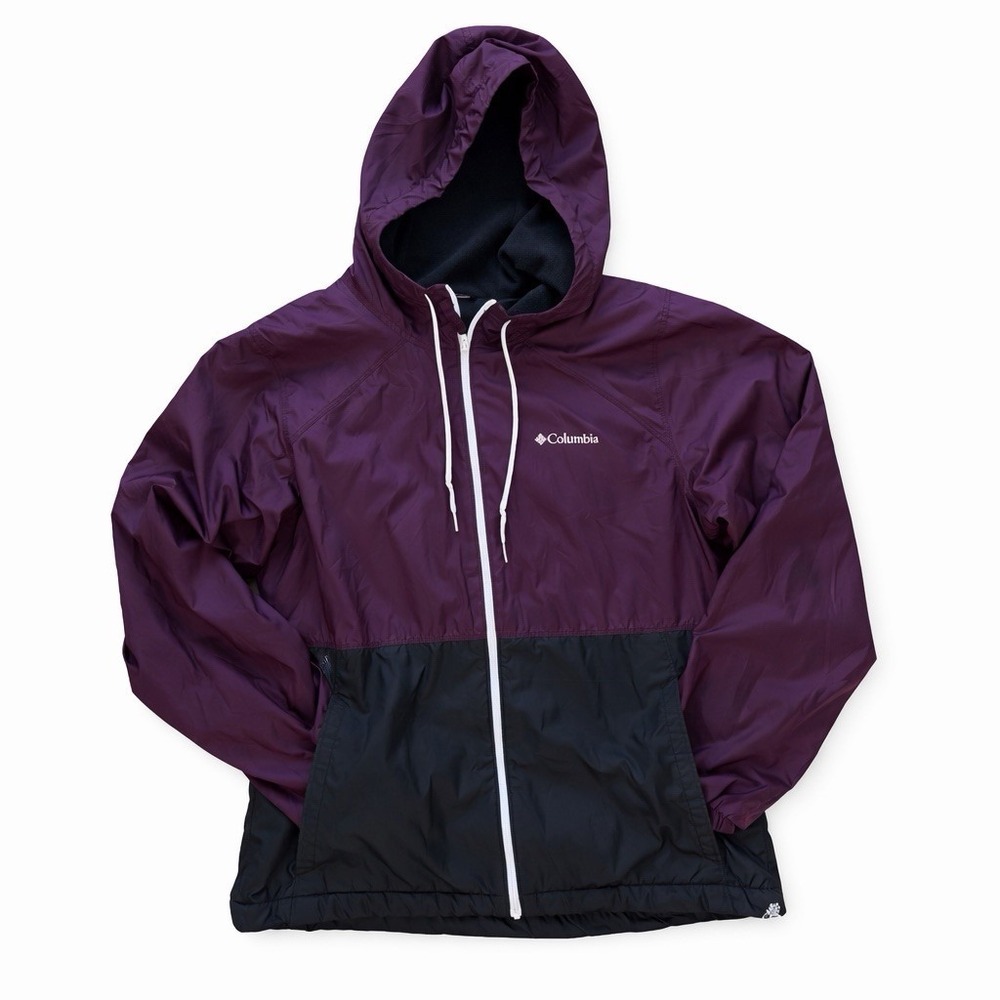 Columbia Women's Hooded Windbreaker Fleece Lined Jacket Burgundy Black Approx M